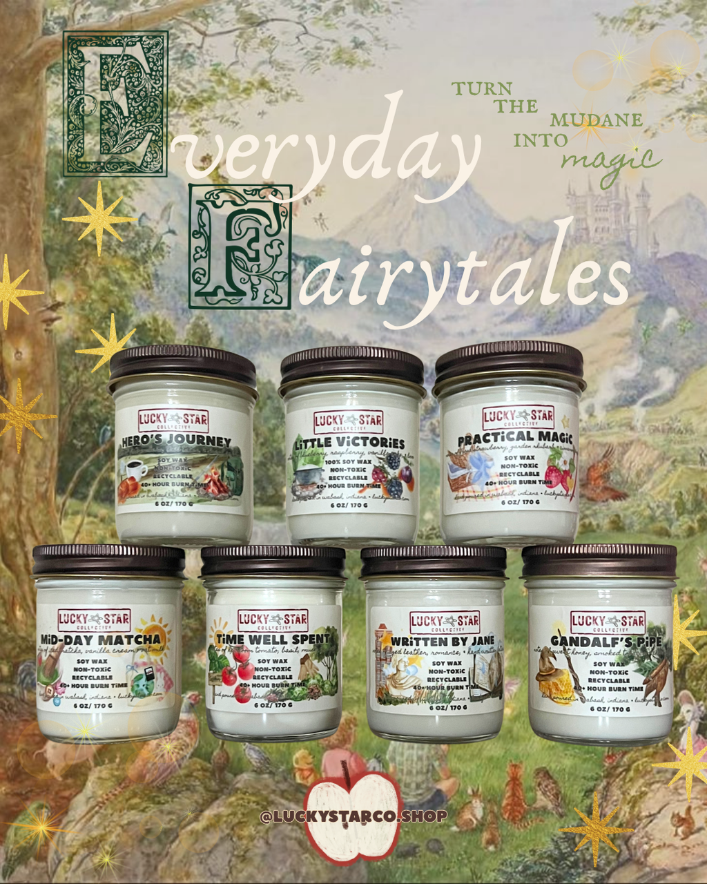 Set of candles with labels on a fairy tale-themed background